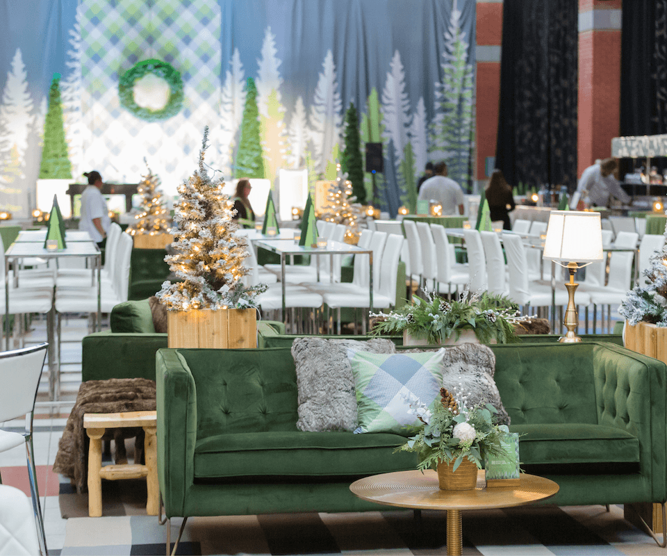 Christmas decor set up for a party in the Irene Lewis Atrium