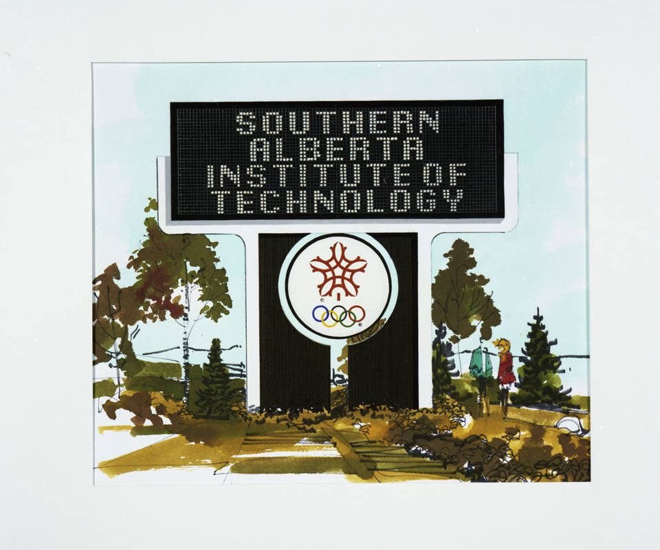 Illustration of the Southern Alberta Institute of Technology sign featuring Olympic rings and a stylized snowflake motif.