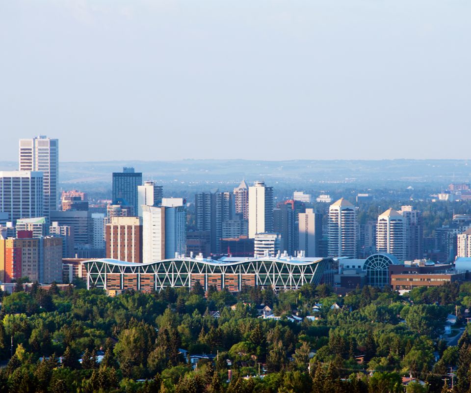 A panoramic city view with a modern curved‑roof building featuring white diagonal supports in the midground.