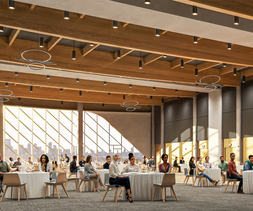 Rendering of people seated at round tables in a large, modern hall.