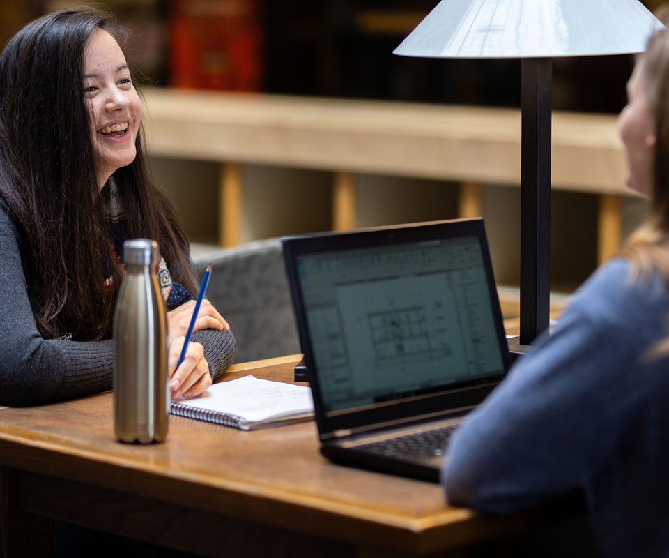 Two students engaged in a collaborative study session at a table, with one taking notes and the other working on a laptop.