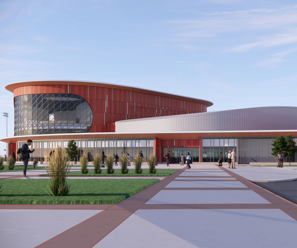 A rendering of the east exterior of the Taylor Family Campus Centre building.