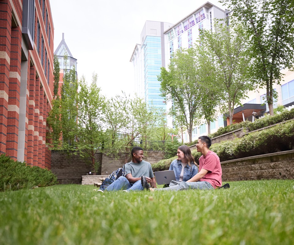 A diverse group of three students sitting together on a grassy area, engaged in conversation while using a laptop.