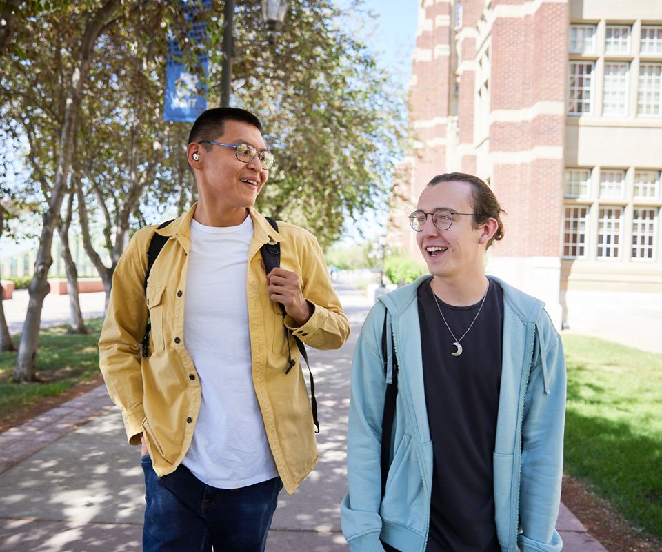 Two students walking and talking on campus path.