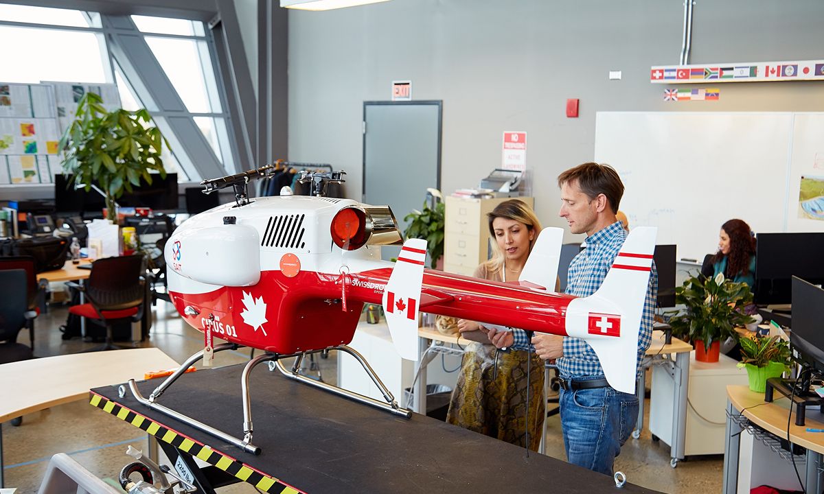 swiss drone on display in an office setting