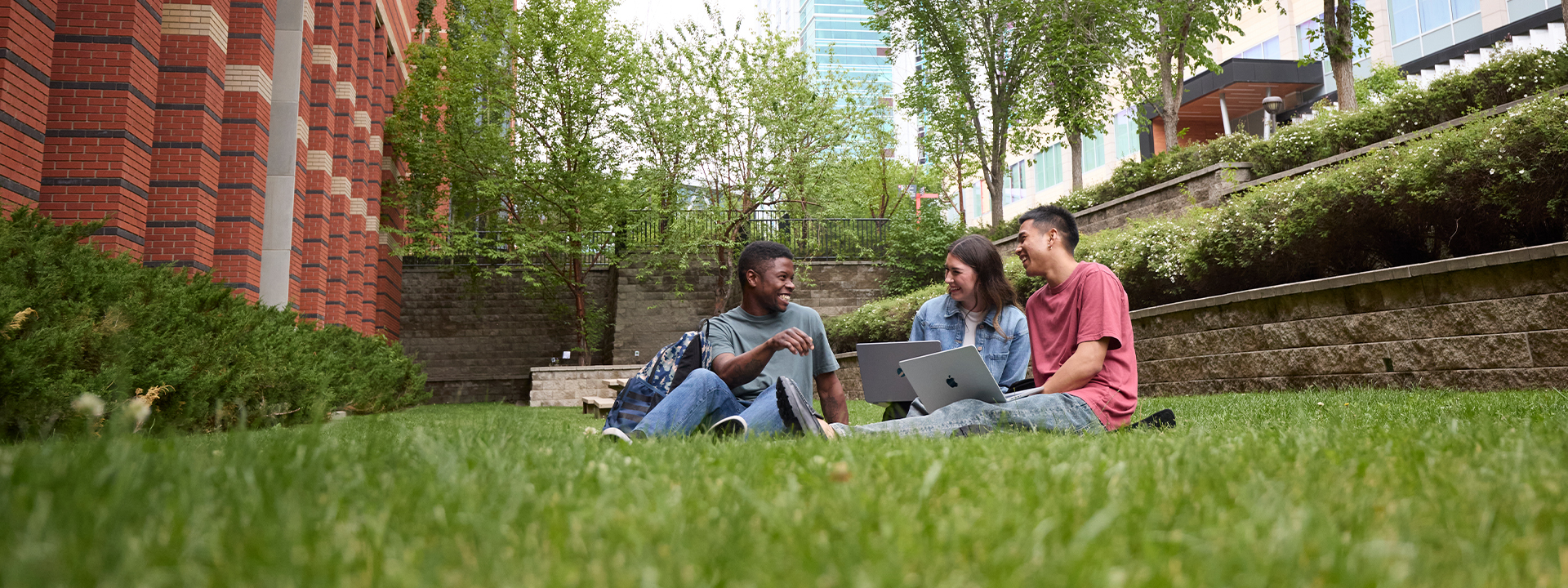 Students sitting in the grass in a study space on campus