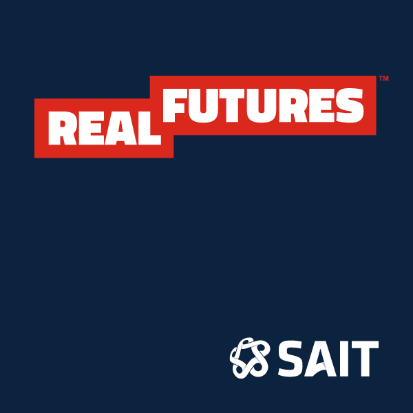 A navy background with a red banner that says "Real Futures," featuring a white SAIT logo in the bottom right corner.