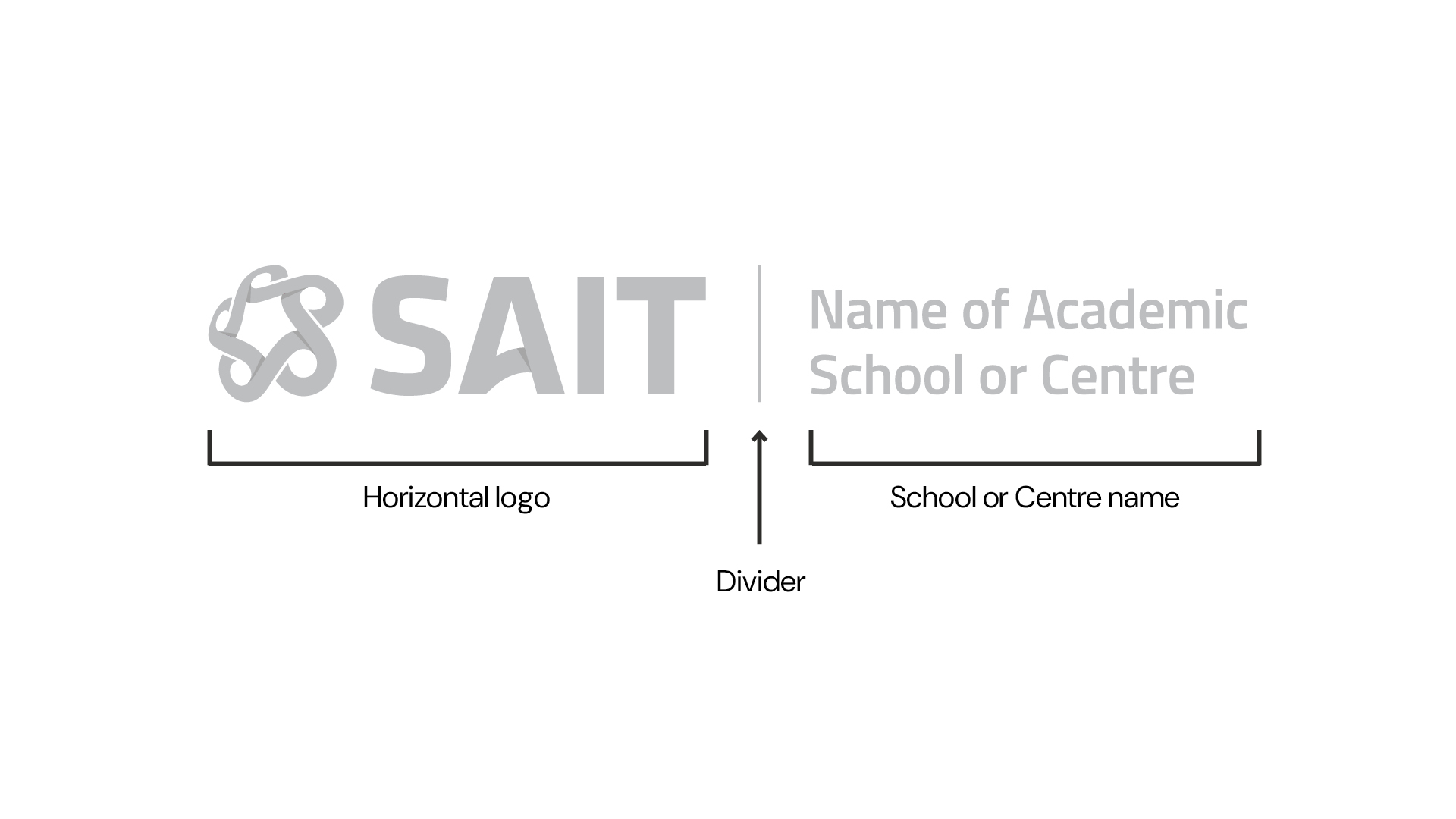 A greyed out display of the SAIT horizontal logo, a divider, and the School example name. This is how lockups appear at SAIT.