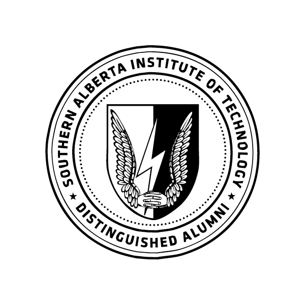 A black sub-brand seal that says SAIT Distinguished Alumni on the outside rim.