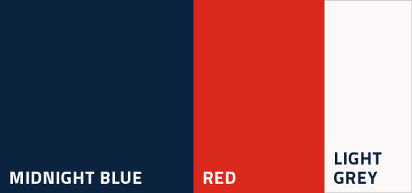 Color swatches displaying three shades: Midnight Blue, Red, and Light Grey.