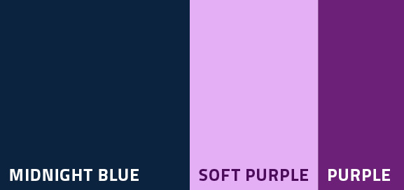 Color palette featuring dark blue, light purple, and purple swatches.