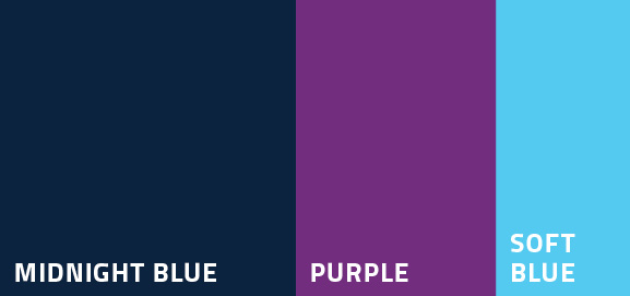 Color palette featuring three shades: Midnight Blue, Purple, and Soft Blue.