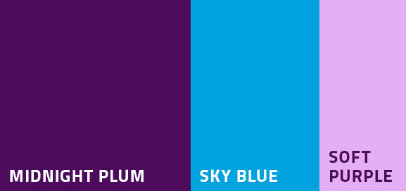 Color swatch illustration featuring three shades: Midnight Plum, Sky Blue, and Soft Purple.