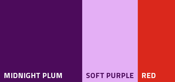 Color palette featuring deep purple, soft lavender, and bright red shades.