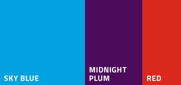 Color palette featuring Sky Blue, Midnight Plum, and Red.