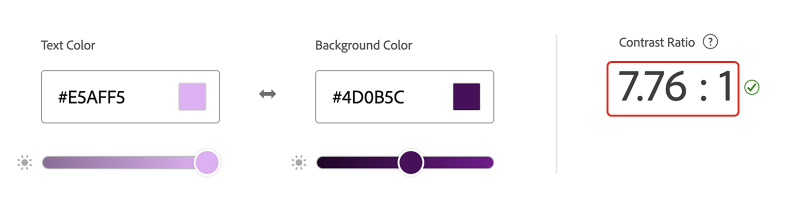 Contrast ratio display showing a text color of lilac and a background color of dark purple with a ratio of 7.76:1.