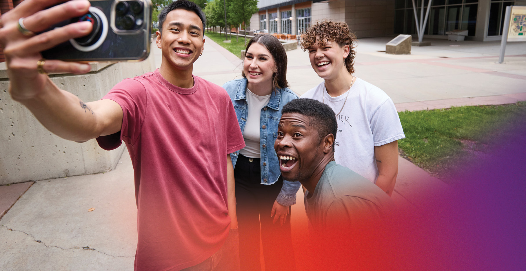 A group of friends taking a selfie on SAIT campus, with a red and purple overlay in the right corner.