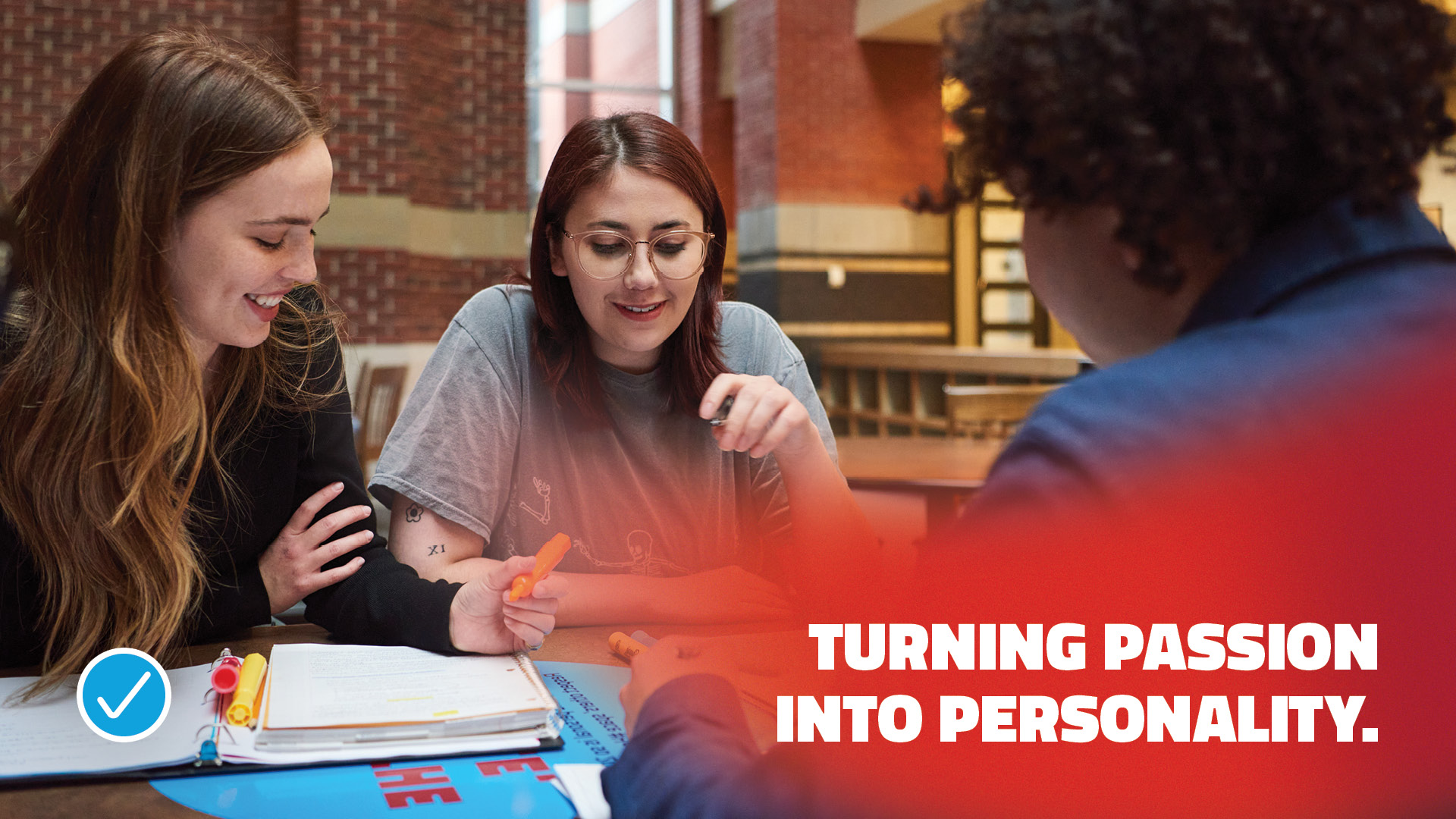 A vibrant illustration of three young adults engaged in a collaborative discussion, emphasizing creativity and personality development, with the text "TURNING PASSION INTO PERSONALITY." prominently displayed.