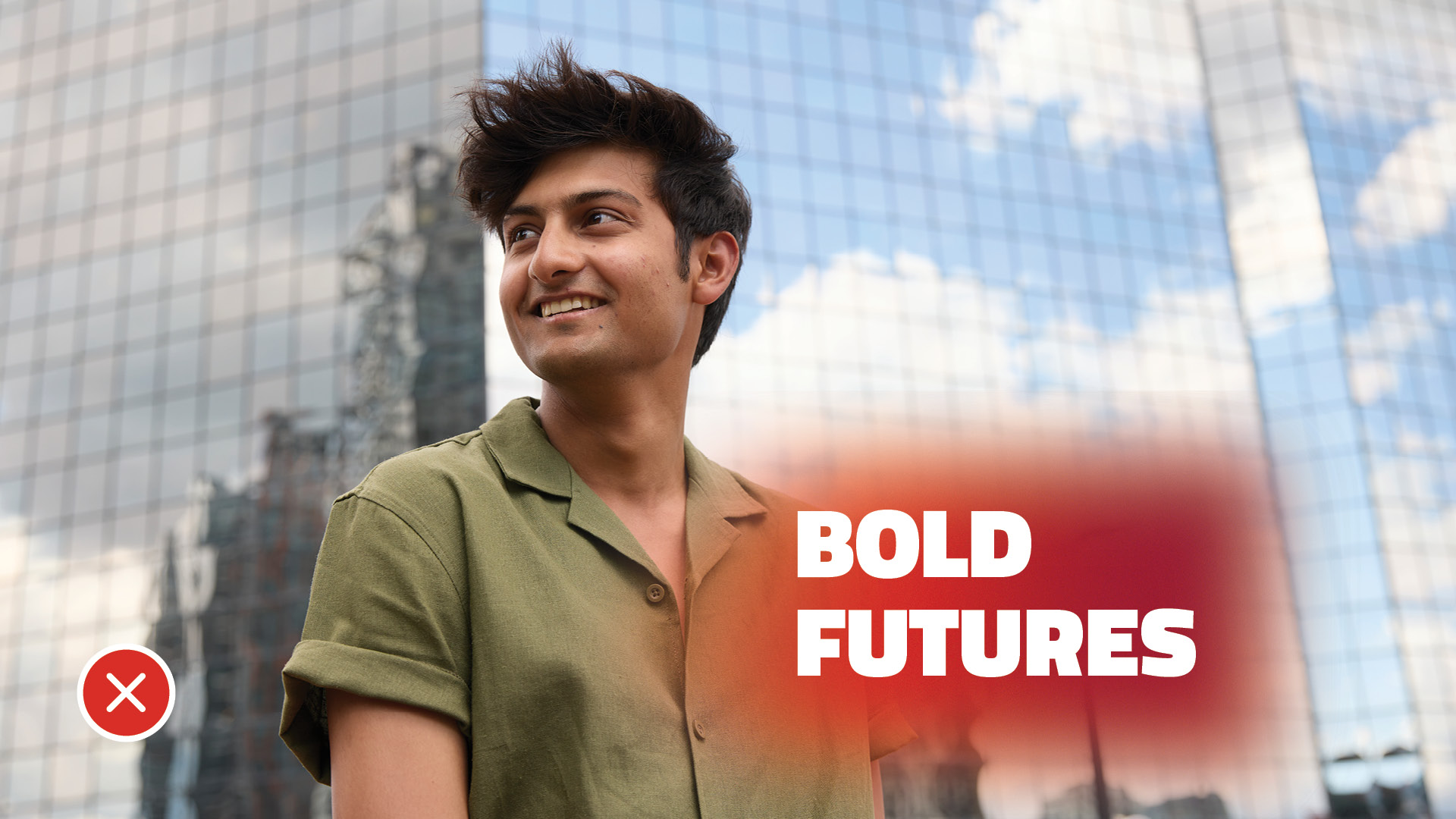 A smiling young man in a green shirt stands against a reflective glass building, with the words "BOLD FUTURES" prominently displayed.