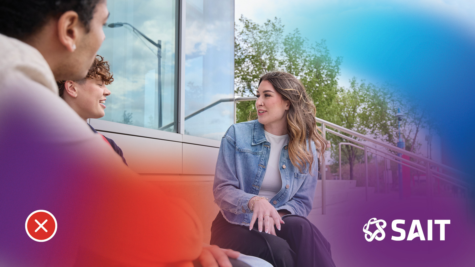 A promotional image featuring three individuals engaged in conversation outdoors, with the SAIT logo displayed prominently.
