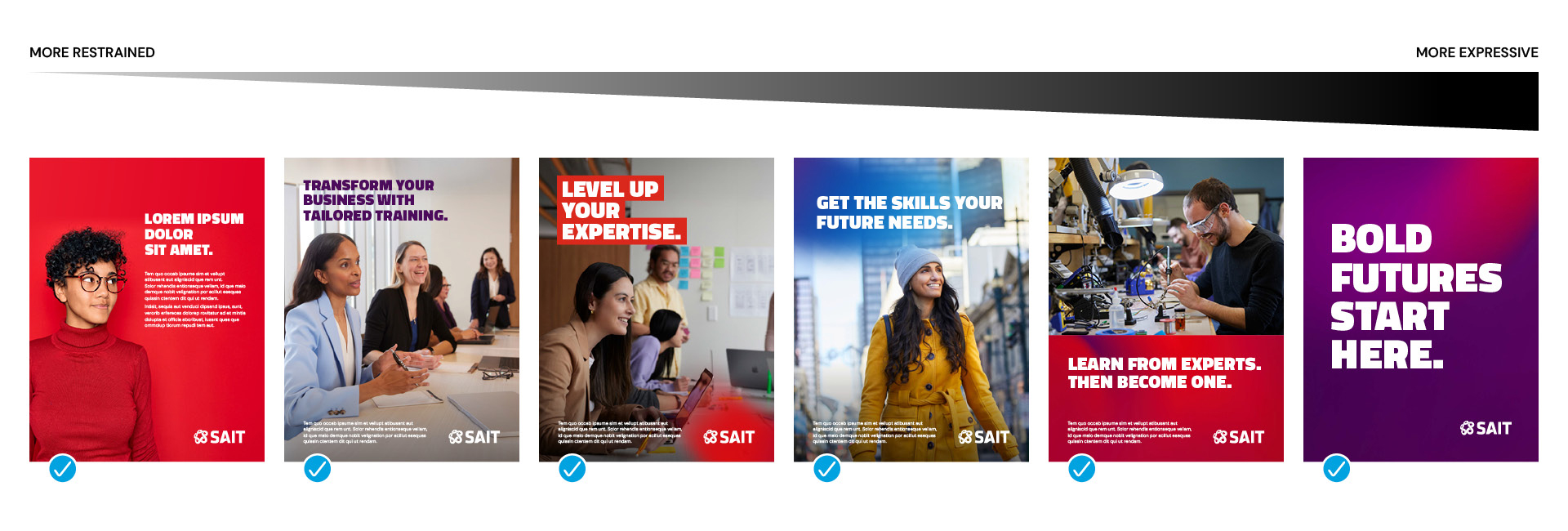 A series of promotional posters featuring diverse individuals and educational themes, highlighting business training and skill development opportunities at SAIT.