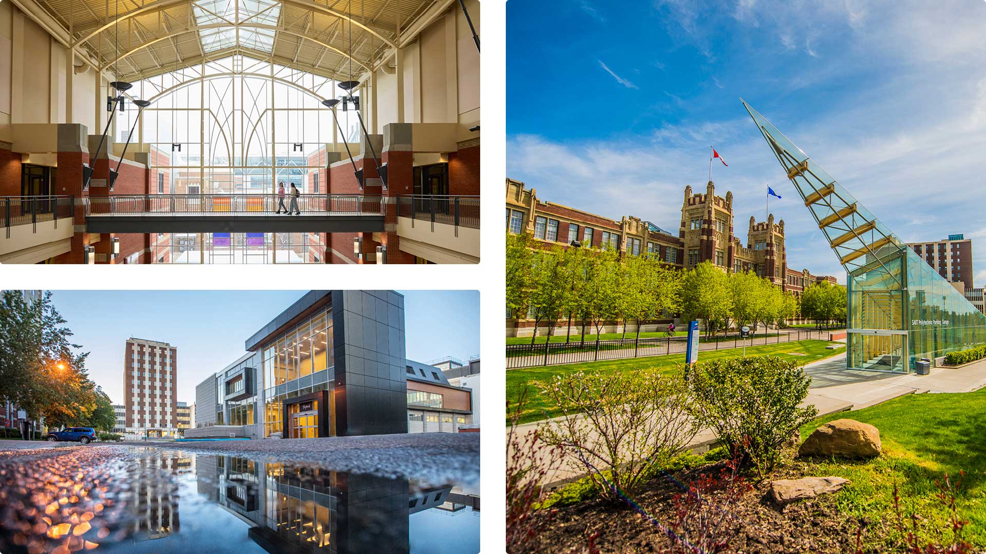 Three images showing SAIT campus architecture.