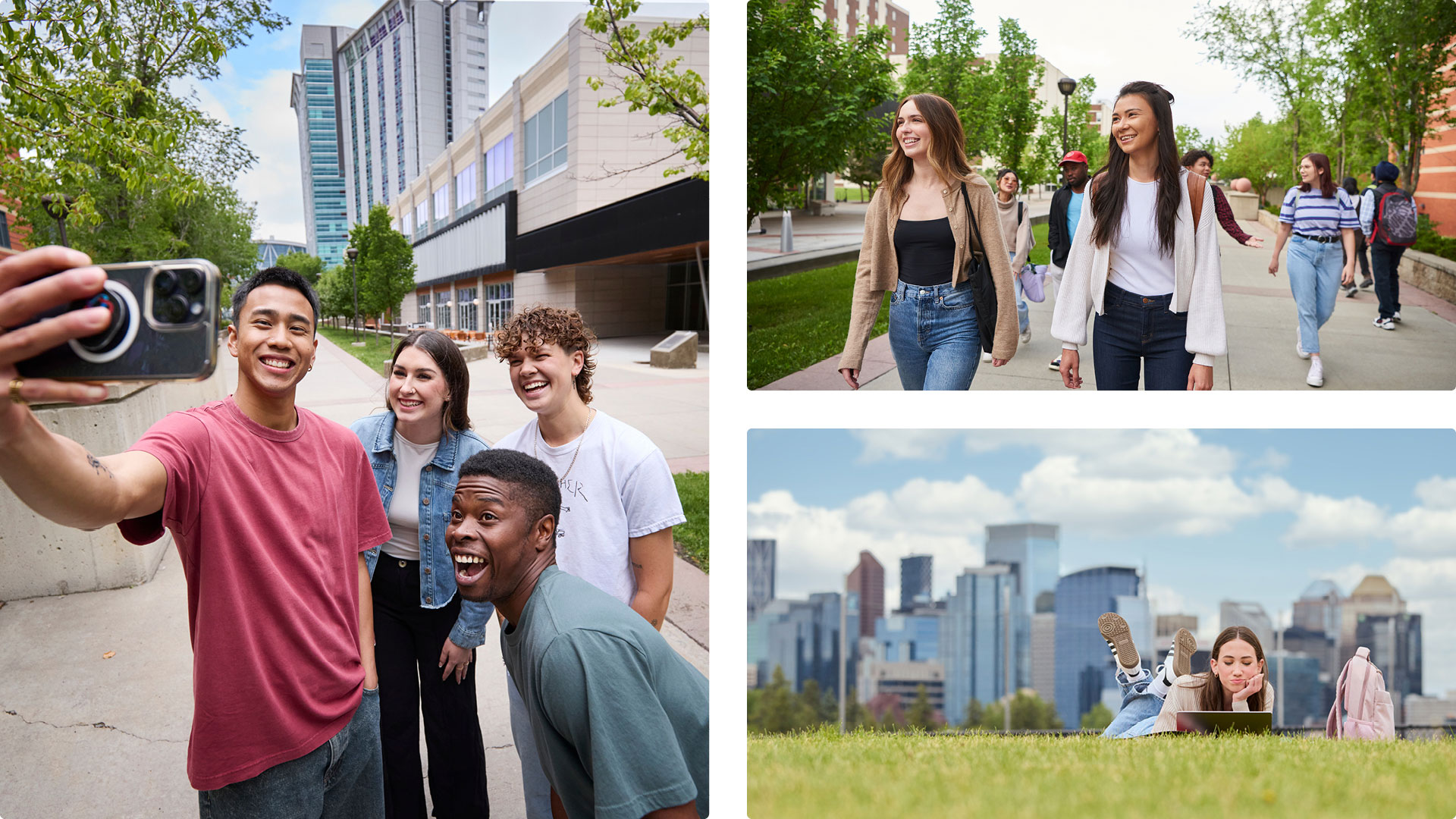 Three pictures with people smiling on SAIT campus.