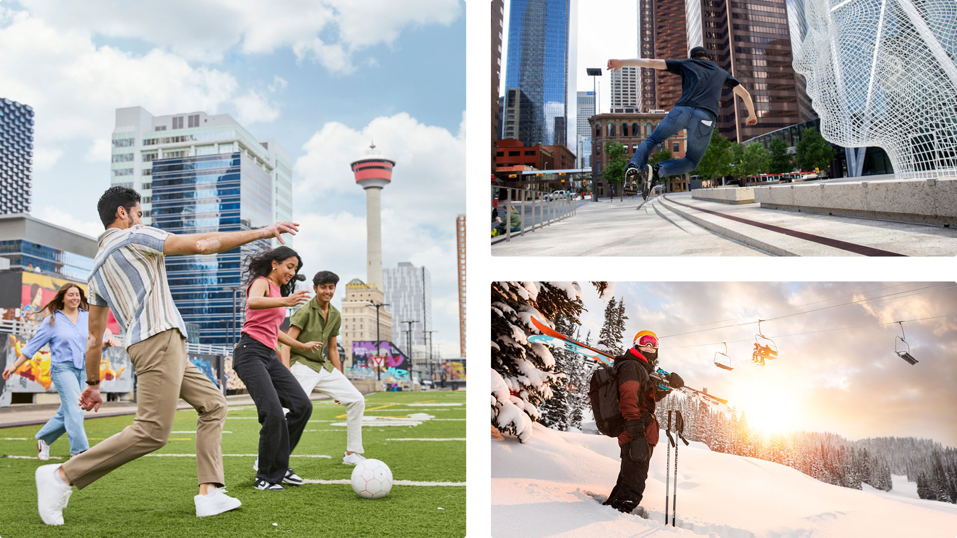Three images featuring people enjoying Calgary and the mountains that are a part of the SAIT landscape.