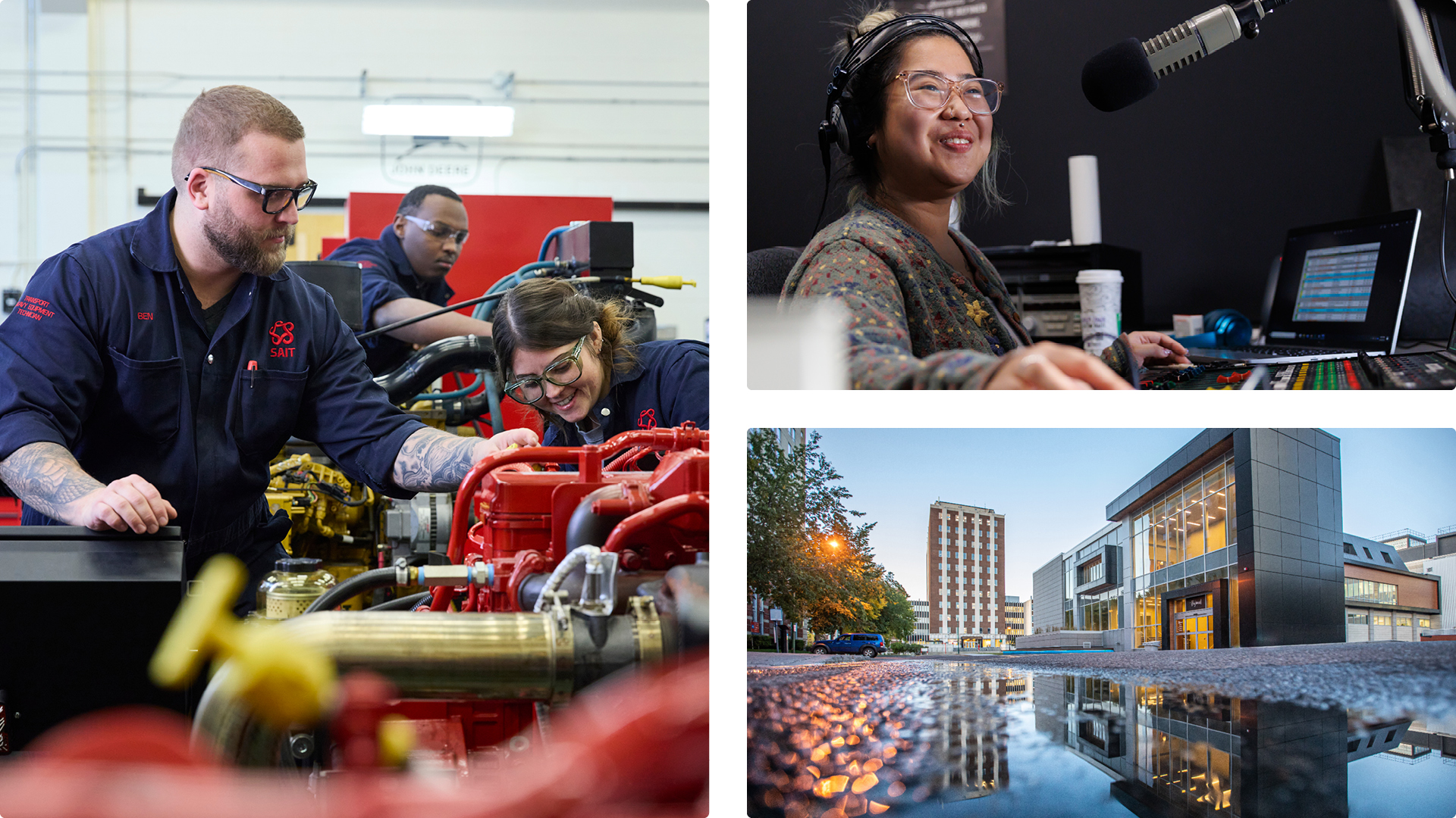 Three images depicting hands-on learning at SAIT