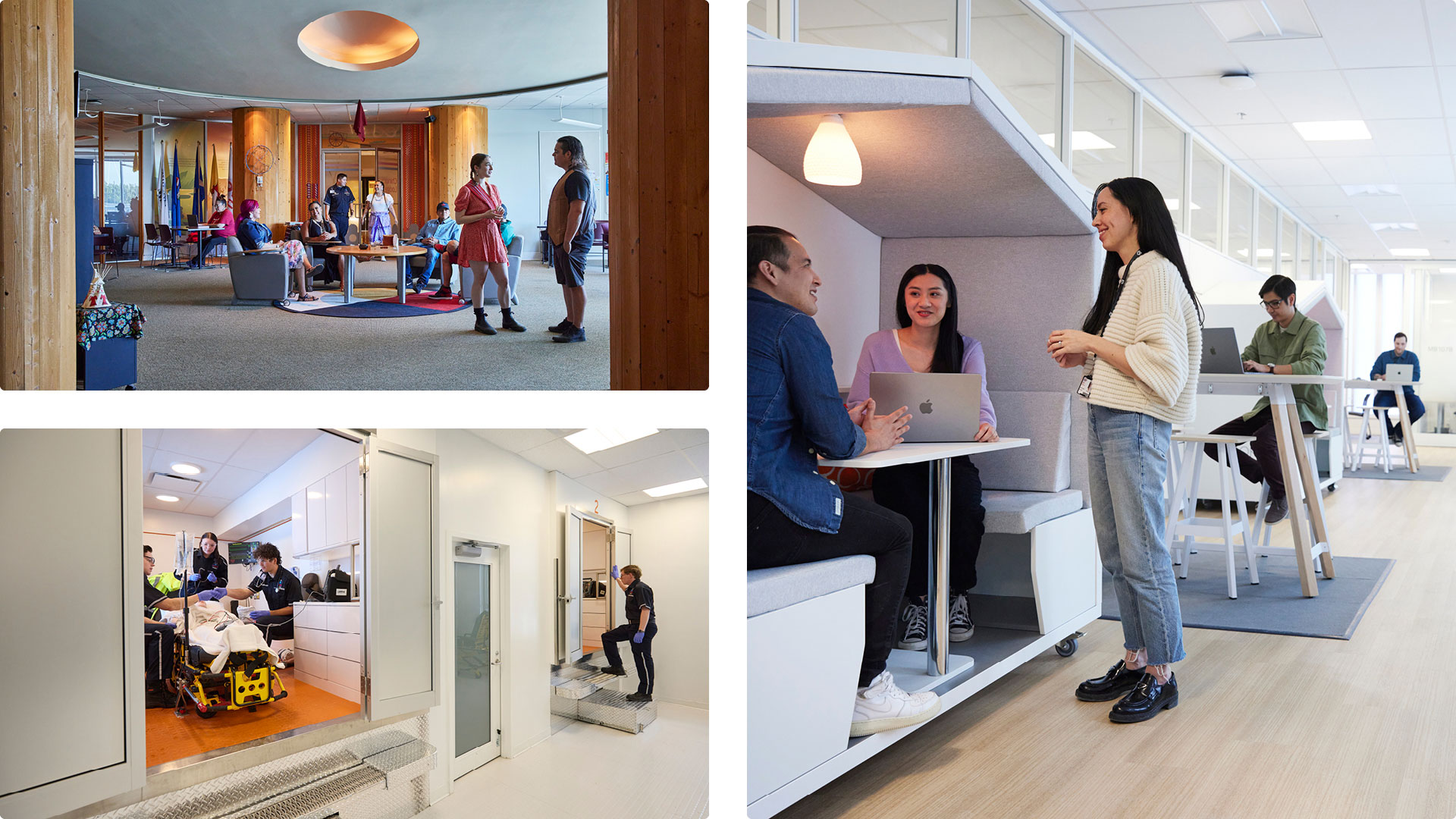 Three images depicting students standing in classrooms, working on computers and conversing.