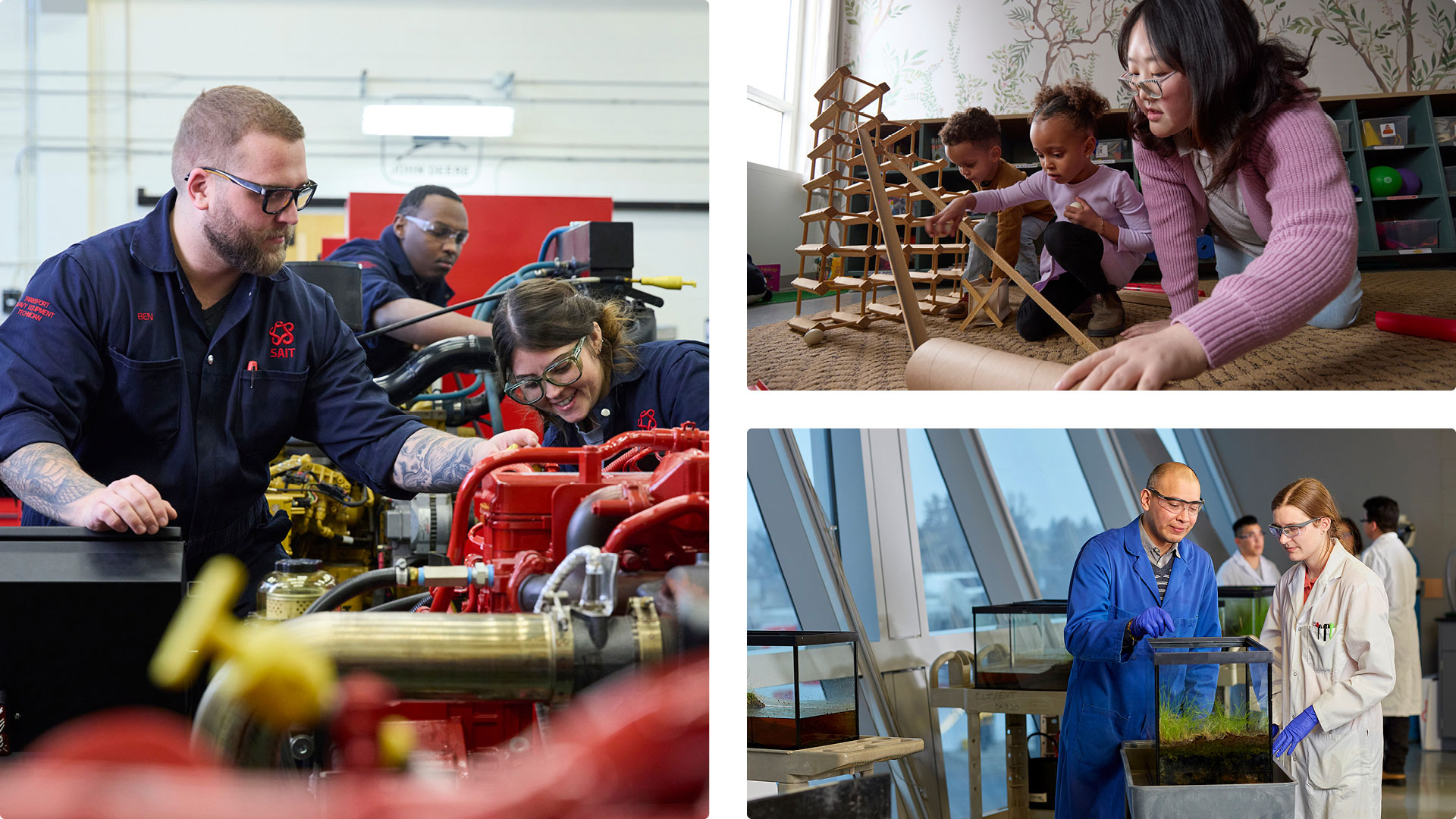 Three images depicting hands-on learning at SAIT