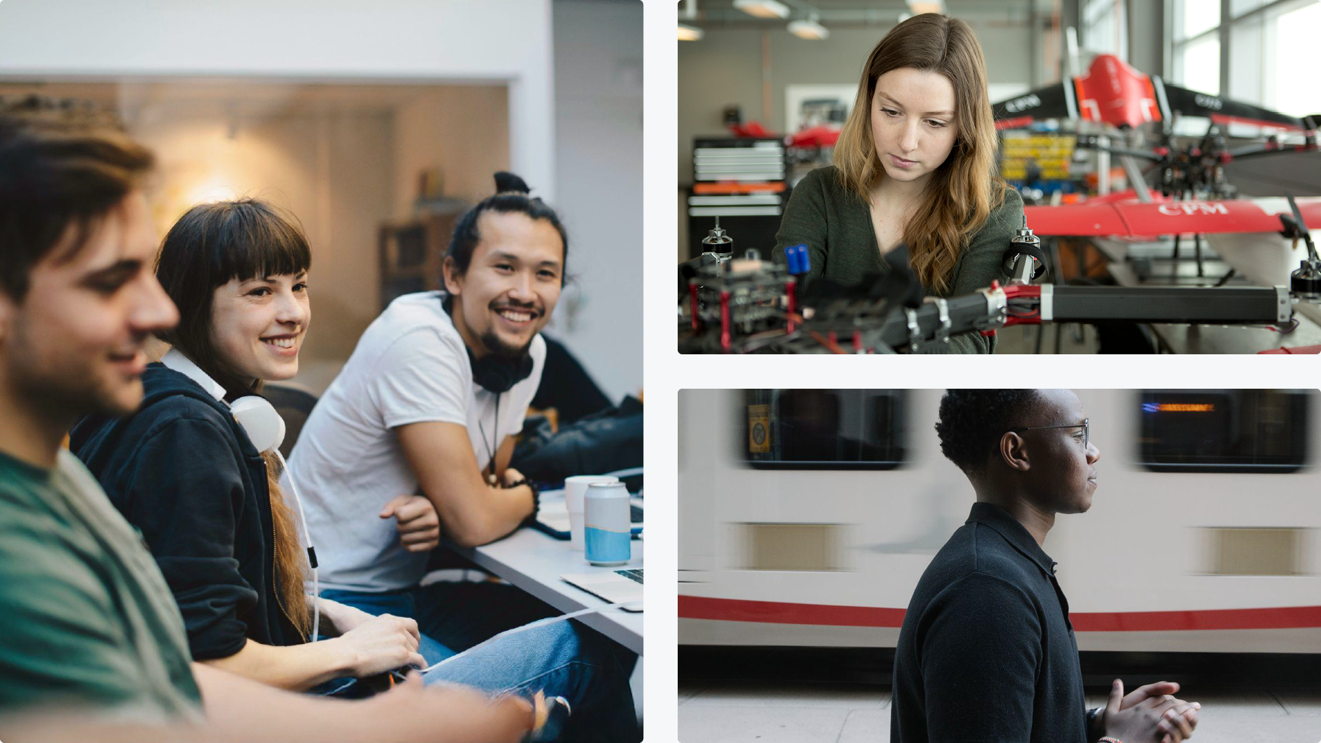 Three images showcasing people on the SAIT campus smiling, walking and learning.