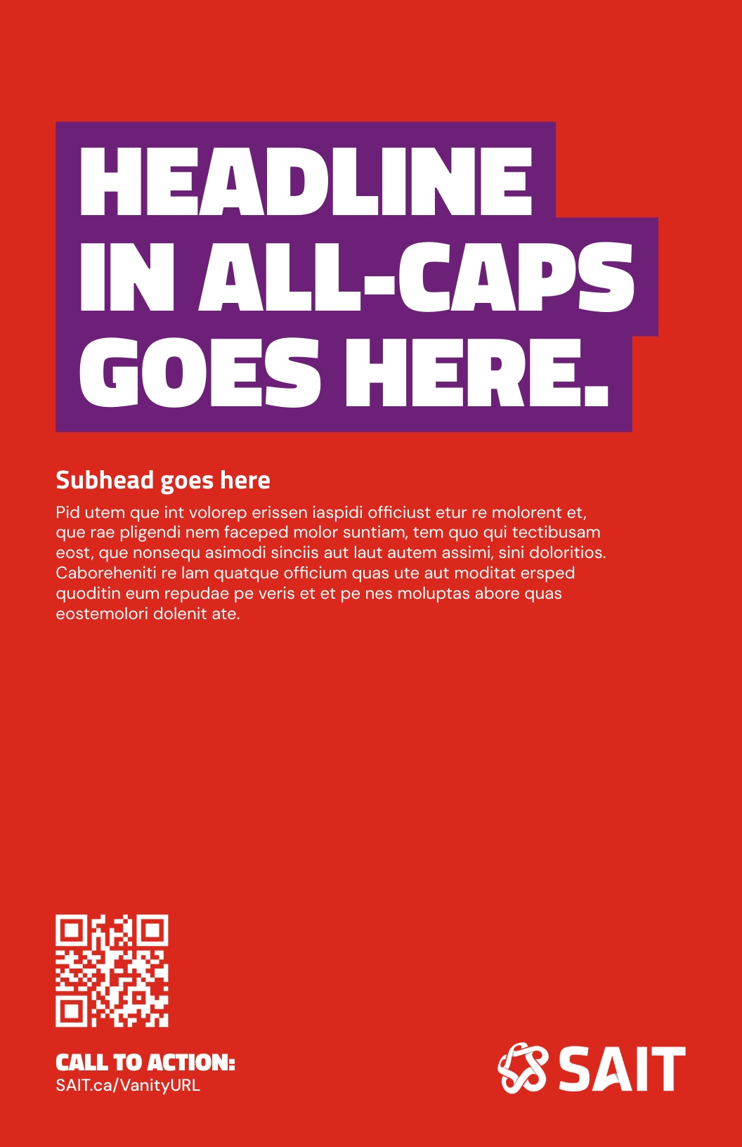 Promotional poster template for SAIT featuring a bold headline area and space for additional text, contact information, and a QR code.