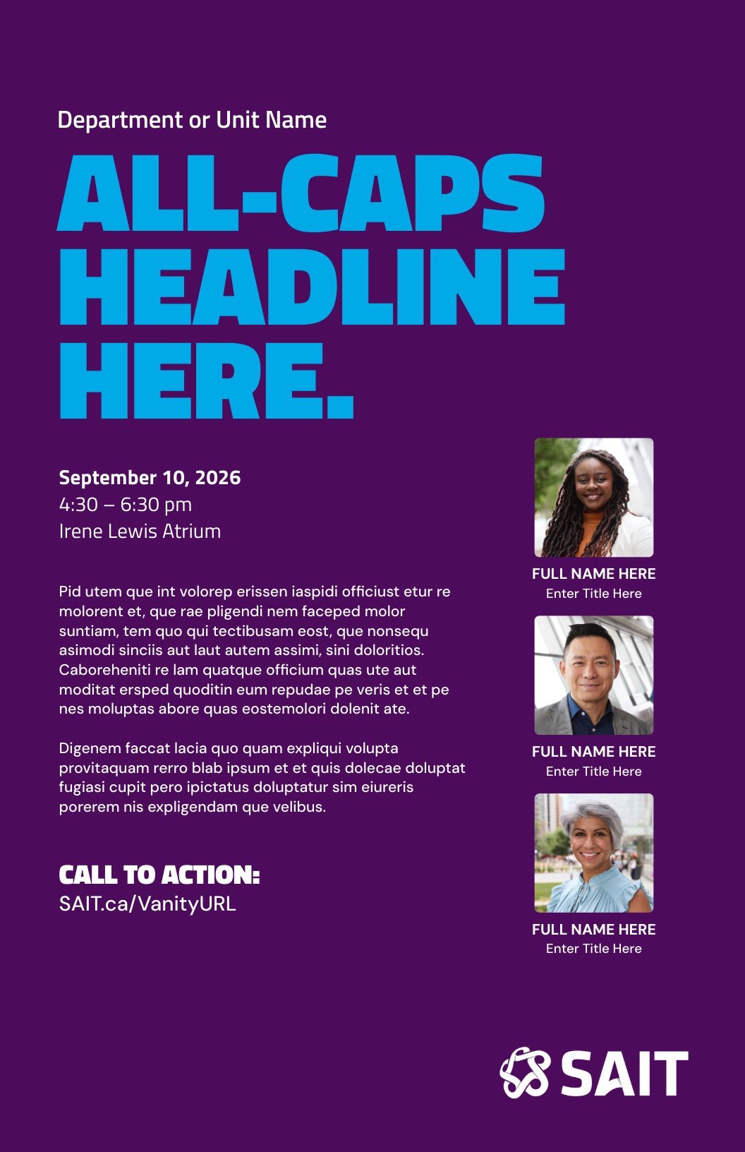 Red promotional poster featuring the SAIT logo and placeholder text for a headline and subhead, emphasizing the design's bold typography and layout.