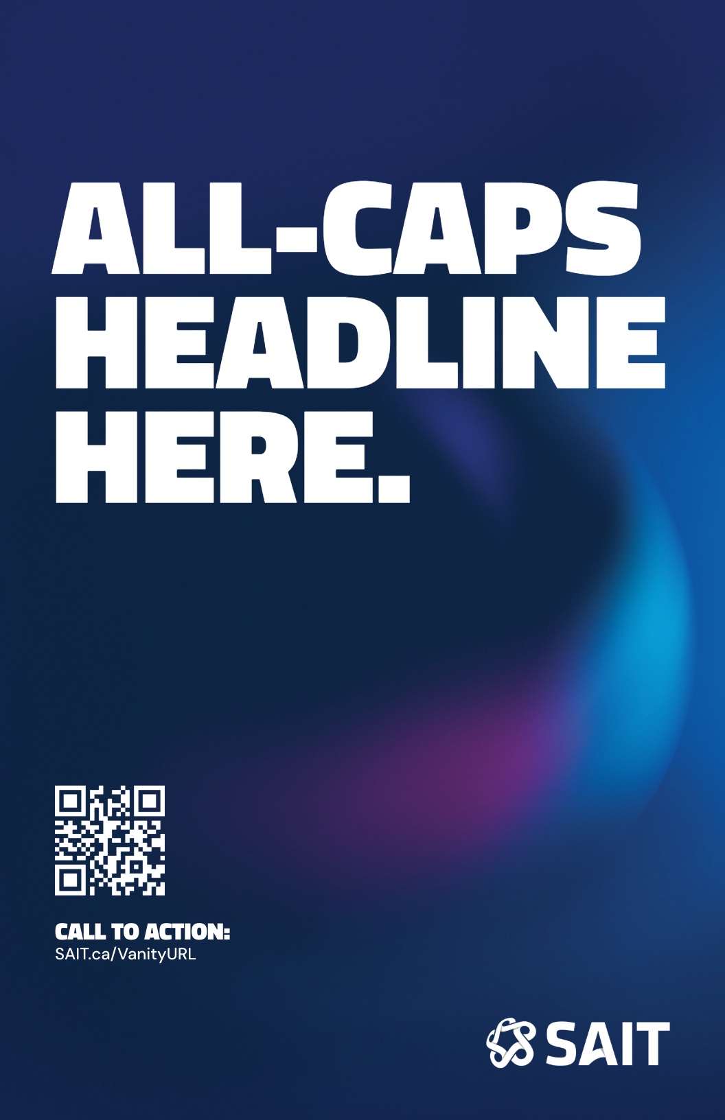 Promotional poster template for SAIT featuring a bold headline area and space for additional text, contact information, and a QR code.