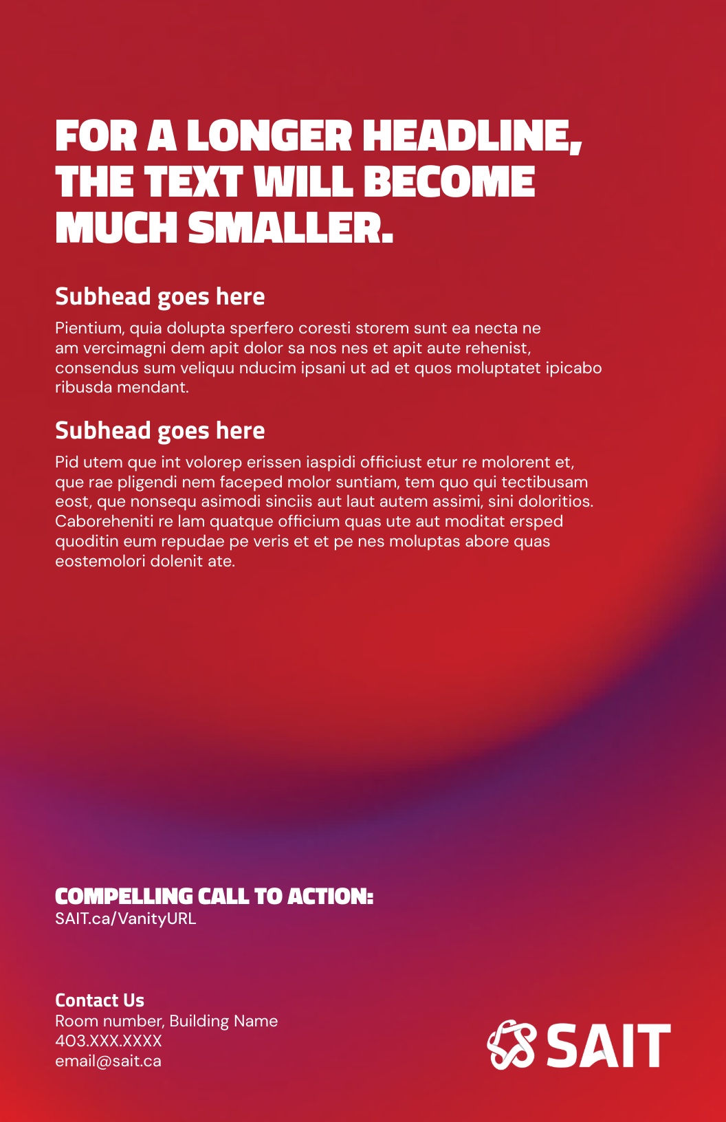 SAIT logo alongside promotional text emphasizing the adjustment of font sizes for longer headlines, with a call-to-action to fill in personal information.