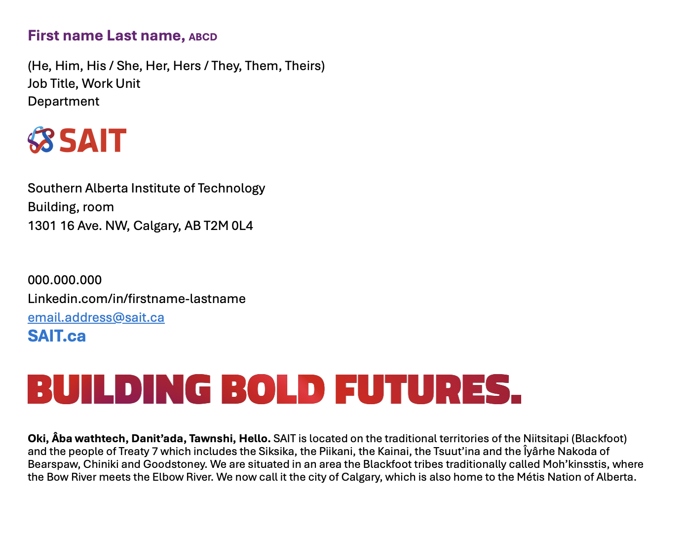 Email signature for a contact at the Southern Alberta Institute of Technology, featuring the SAIT logo and the tagline "Building Bold Futures."