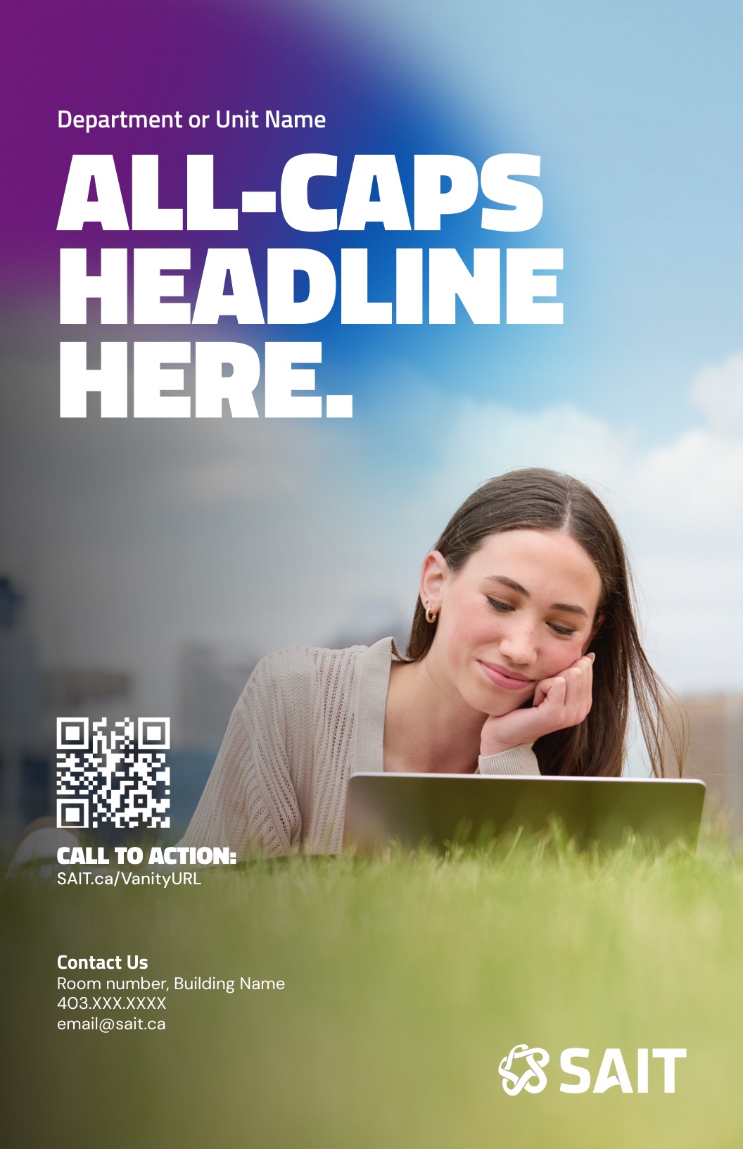 Promotional poster template for SAIT featuring a bold headline area and space for additional text, contact information, and a QR code.