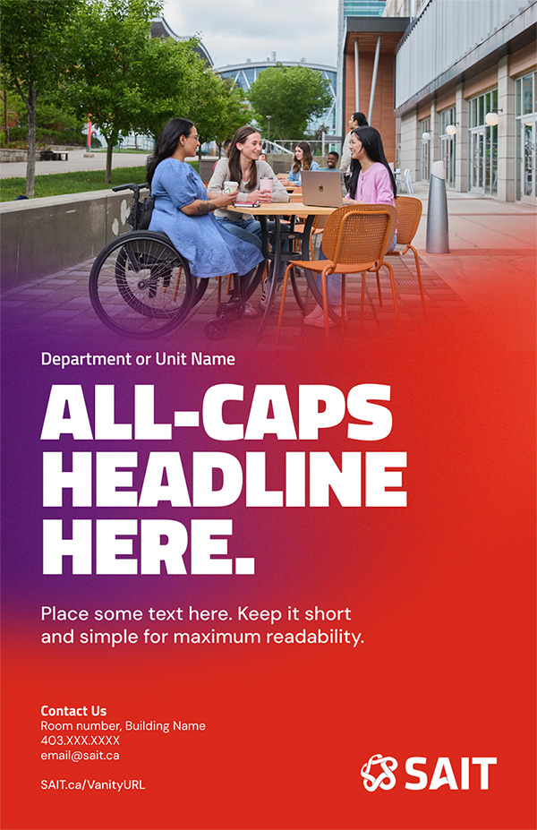 SAIT logo alongside promotional text emphasizing the adjustment of font sizes for longer headlines, with a call-to-action to fill in personal information.
