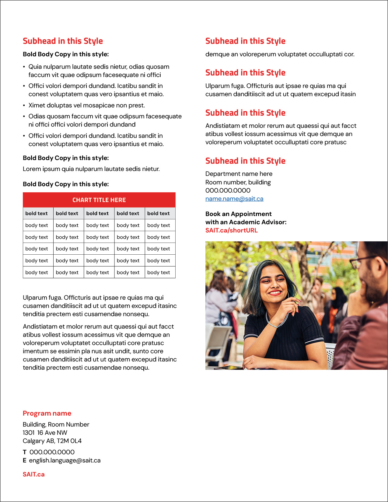 A promotional flyer featuring the trades available with dual-credit at SAIT, including illustrations of students working in various trade environments and contact information for inquiries.