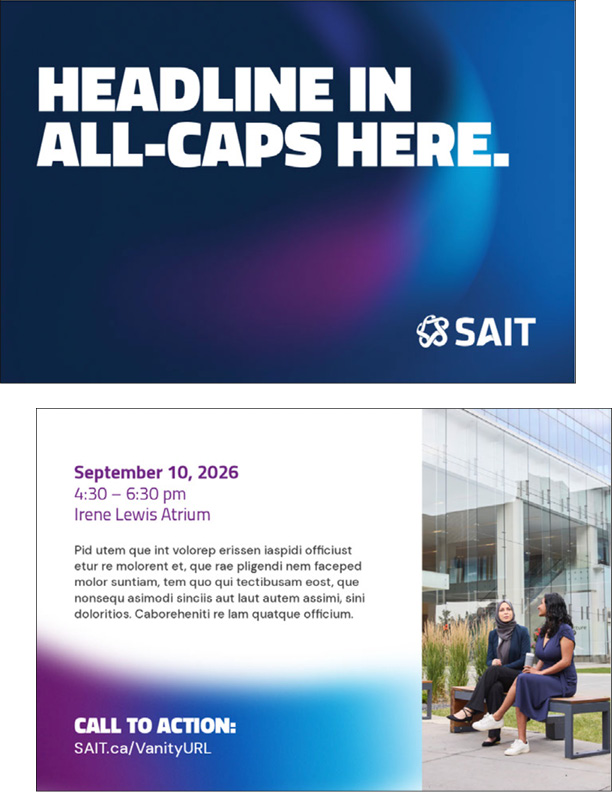 Promotional poster template for SAIT featuring a bold headline area and space for additional text, contact information, and a QR code.