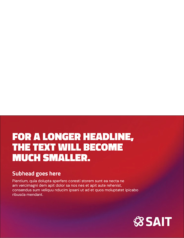 SAIT logo alongside promotional text emphasizing the adjustment of font sizes for longer headlines, with a call-to-action to fill in personal information.