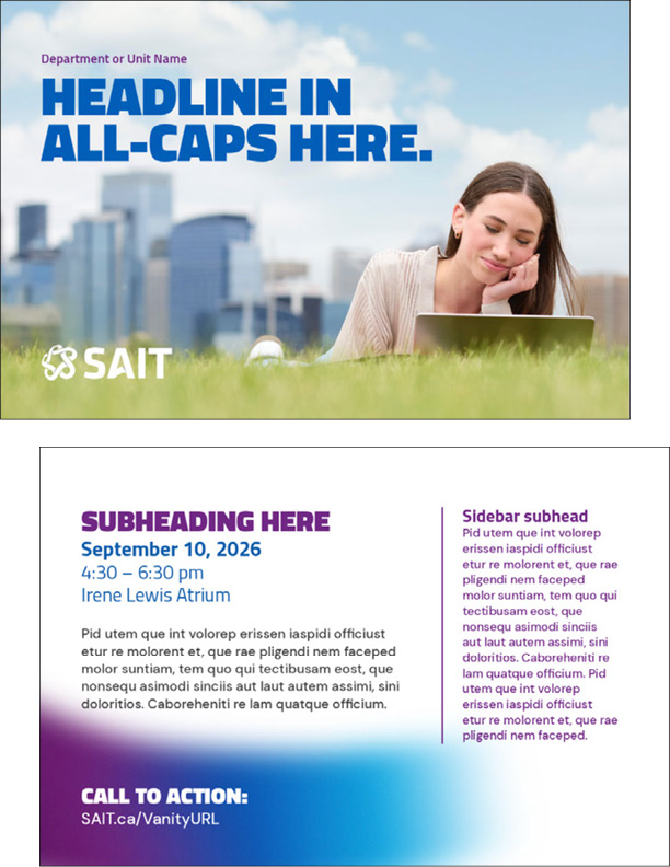 Promotional poster template for SAIT featuring a bold headline area and space for additional text, contact information, and a QR code.