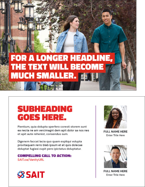 SAIT logo alongside promotional text emphasizing the adjustment of font sizes for longer headlines, with a call-to-action to fill in personal information.