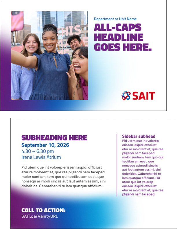 Promotional poster template for SAIT featuring a bold headline area and space for additional text, contact information, and a QR code.