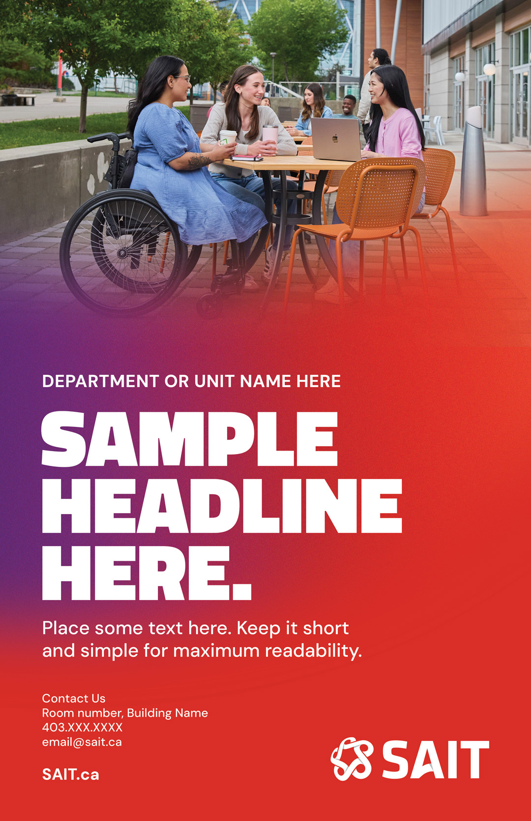 Promotional poster template for SAIT featuring a bold headline area and space for additional text, contact information, and a QR code.
