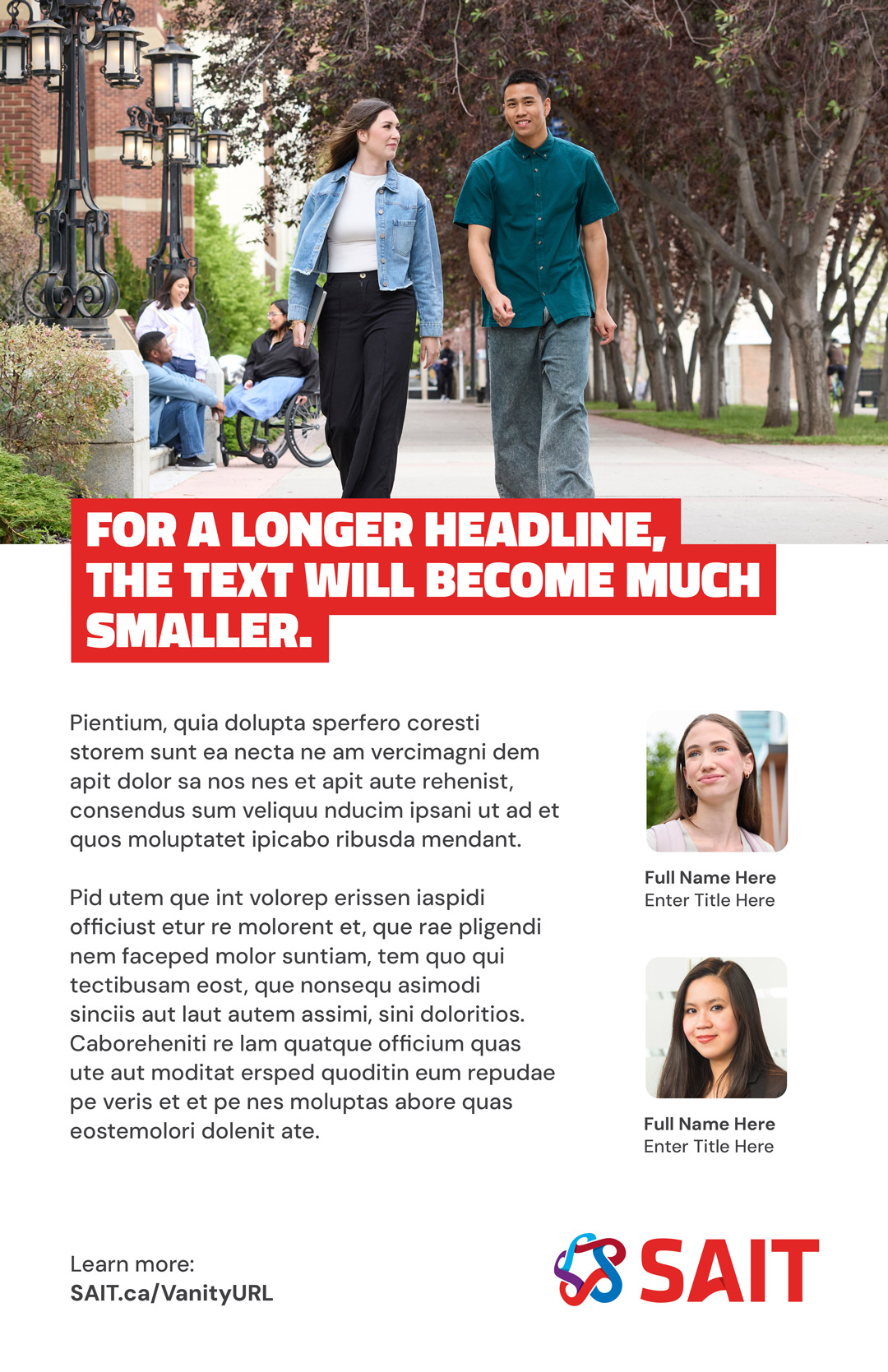SAIT logo alongside promotional text emphasizing the adjustment of font sizes for longer headlines, with a call-to-action to fill in personal information.