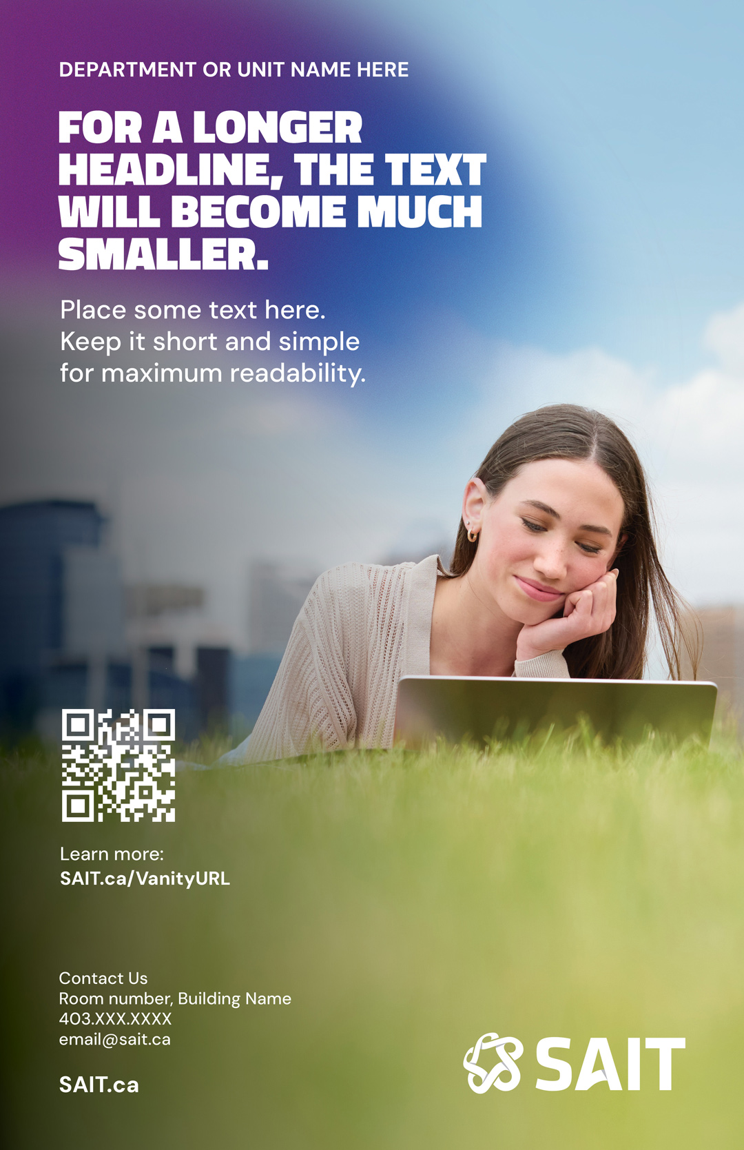 Promotional poster for SAIT featuring a woman working on a laptop outdoors, with space for a headline, text, and QR code.