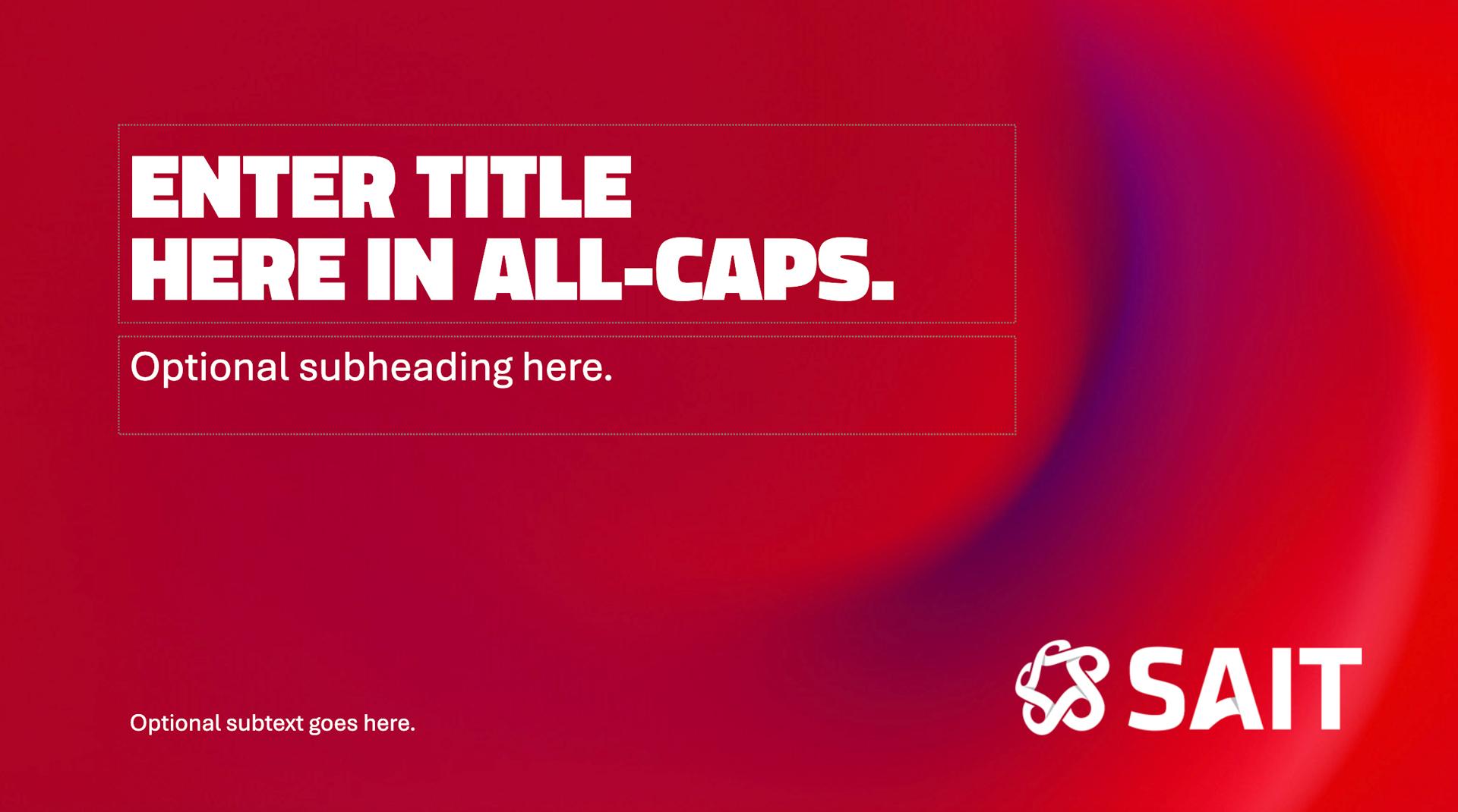 Graphic featuring a bold, red background with text placeholders for a title and subtitle, along with the SAIT logo in the bottom right corner.