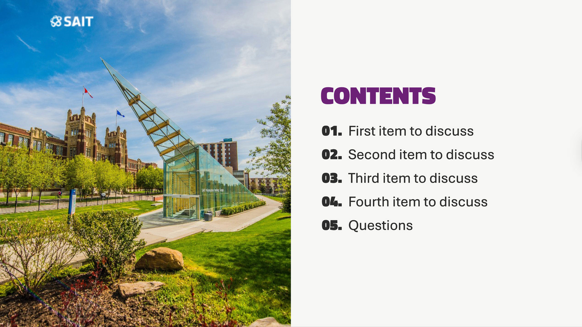 Image of a modern glass structure surrounded by greenery, with a historic building in the background, serving as a visual element for a presentation's contents slide.